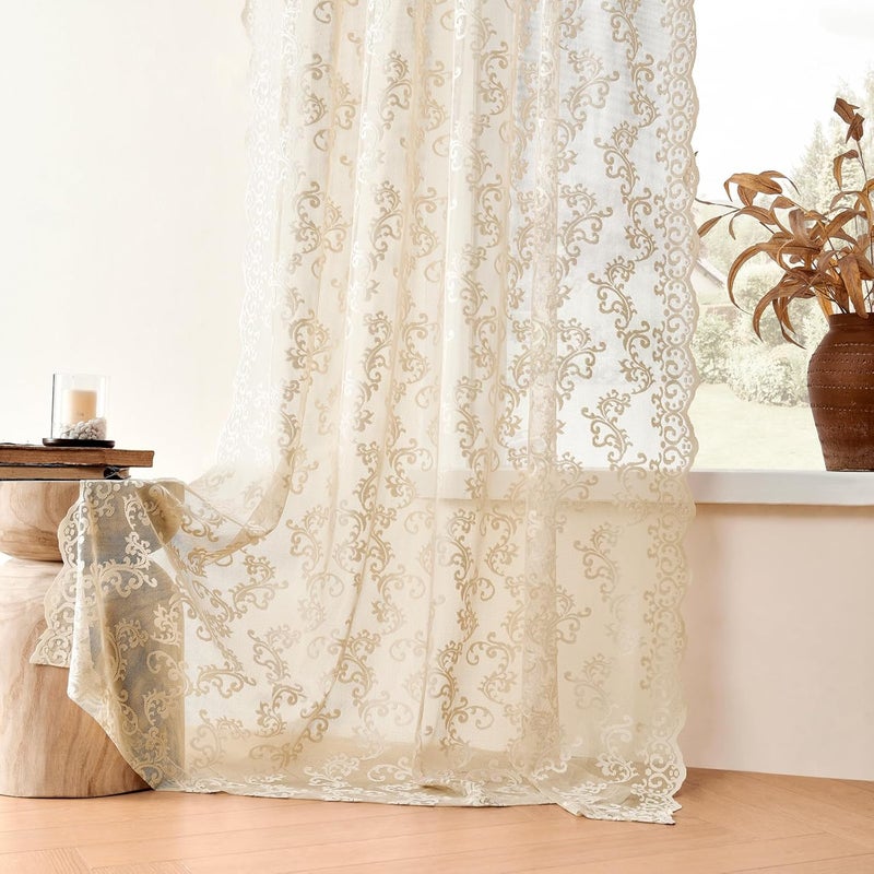 FOLKSIDE Beige Lace Vintage Paisley Floral Curtains - 54 Inch Length, 2 Panels, Rod Pocket, Light Filtering, Sheer, Neutral Drapes for Living Room & Bedroom, 52x54 - Image 5